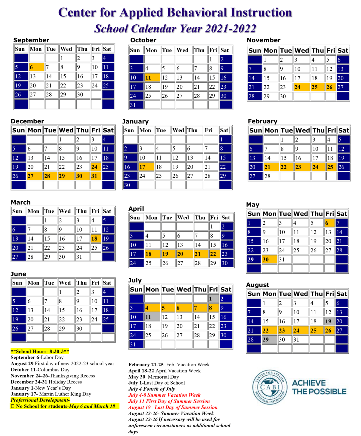 School Calendar - Center for Applied Behavioral Instruction