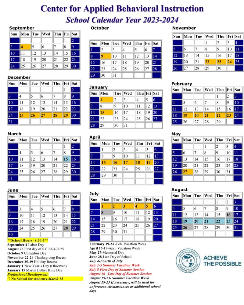 School Calendar - Center for Applied Behavioral Instruction