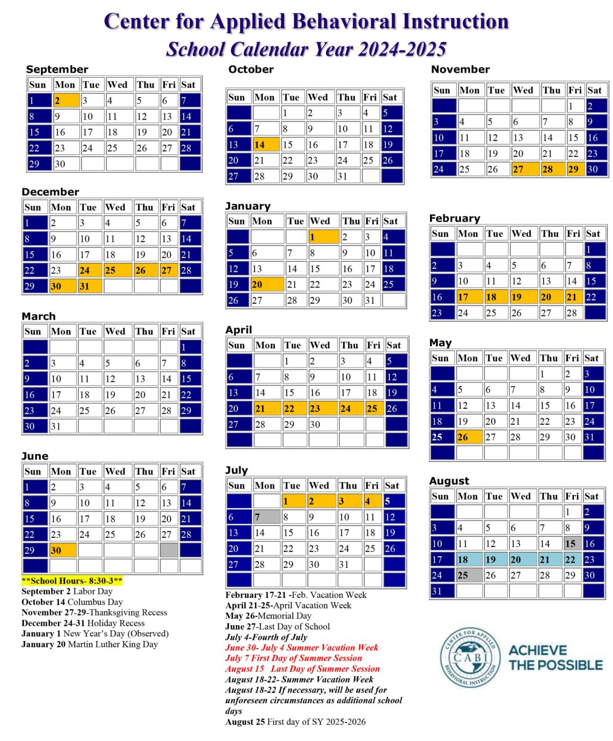 School Calendar Center for Applied Behavioral Instruction School Calendar Center for Applied Behavioral Instruction